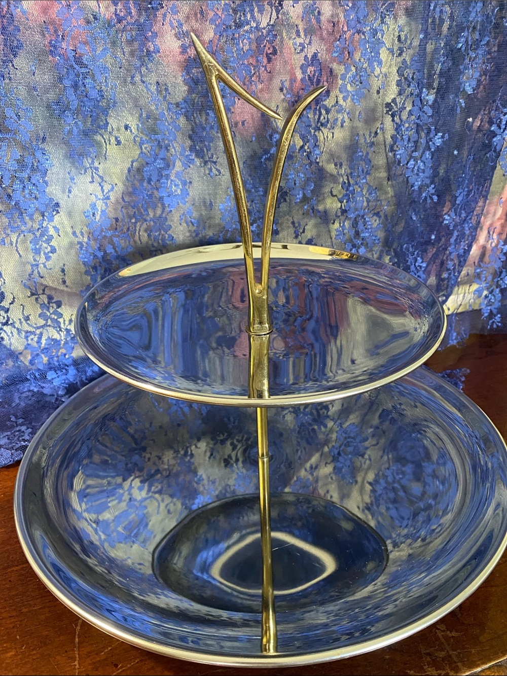 Vintage Kromex 2 Tier Tidbit Dessert Tray Chrome Stainless Gold Handle